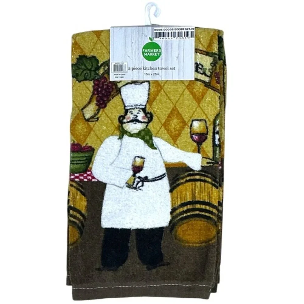 Farmers Market Kitchen Towels Wine Barrel Chef Cotton Velour Terry Set 2 Pieces